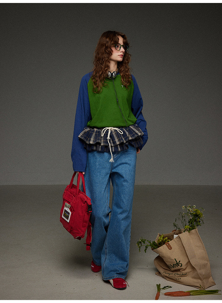 ブロックカラー ショルダースリーブ 丸首長袖Tシャツ