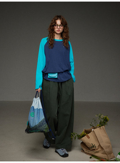 ブロックカラー ショルダースリーブ 丸首長袖Tシャツ