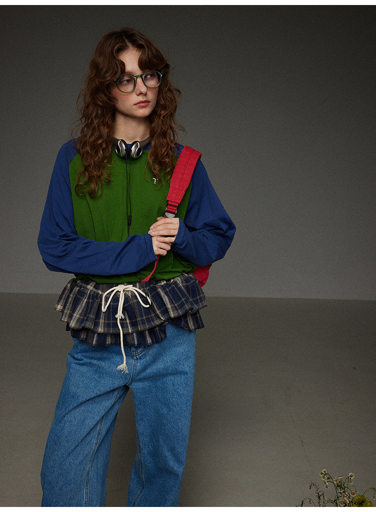 ブロックカラー ショルダースリーブ 丸首長袖Tシャツ