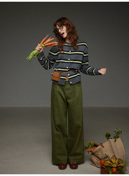 丸首ストライプニットカーディガン