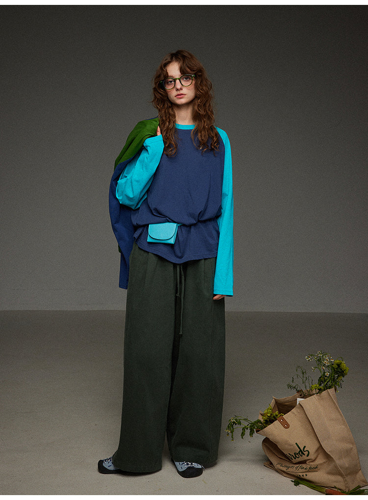 ブロックカラー ショルダースリーブ 丸首長袖Tシャツ