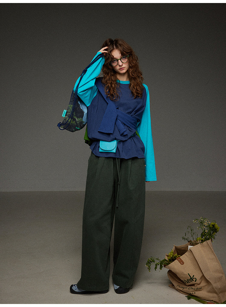 ブロックカラー ショルダースリーブ 丸首長袖Tシャツ