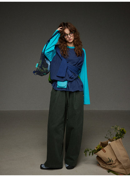 ブロックカラー ショルダースリーブ 丸首長袖Tシャツ