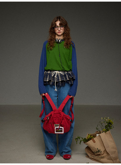 ブロックカラー ショルダースリーブ 丸首長袖Tシャツ