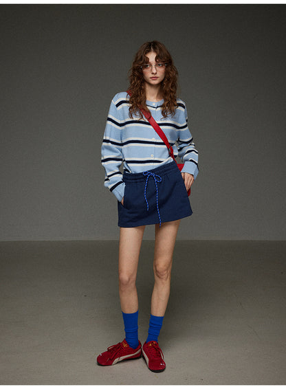 丸首ストライプニットカーディガン