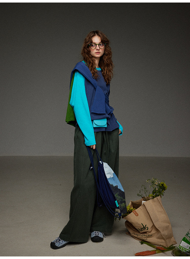 ブロックカラー ショルダースリーブ 丸首長袖Tシャツ