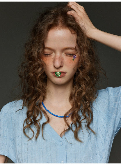 2色リボンポケットニットカーディガンVネック半袖