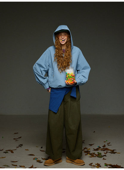 ブルーチェック セミジップアウター