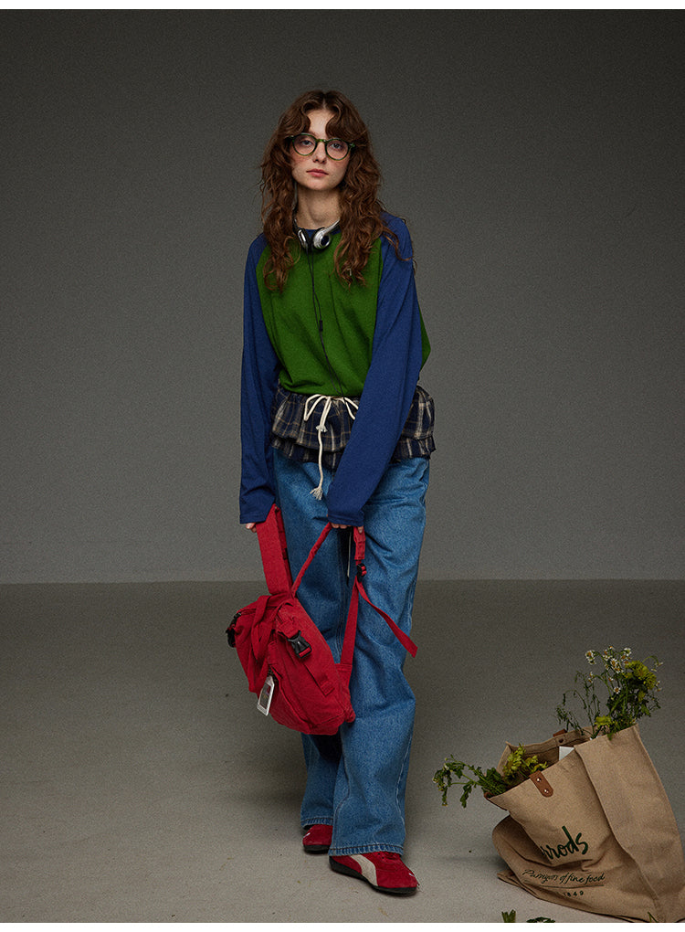 ブロックカラー ショルダースリーブ 丸首長袖Tシャツ