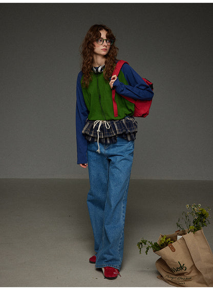 ブロックカラー ショルダースリーブ 丸首長袖Tシャツ