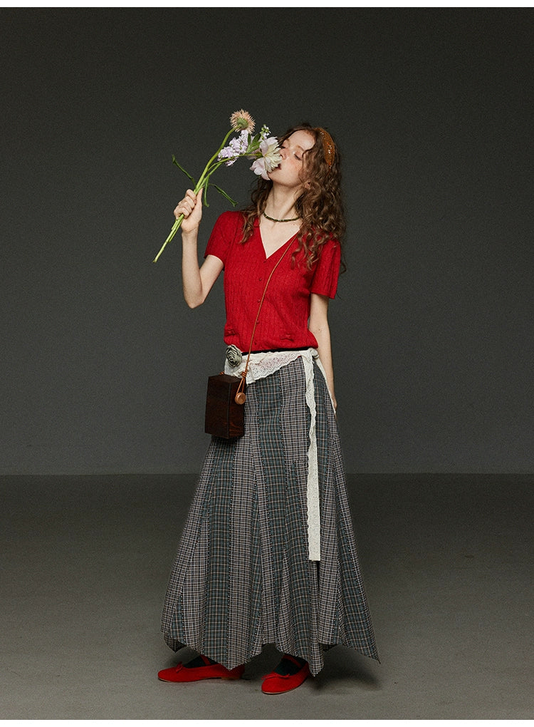 2色リボンポケットニットカーディガンVネック半袖