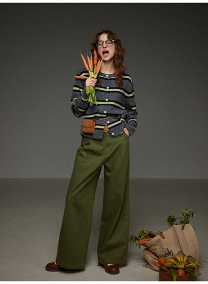 丸首ストライプニットカーディガン