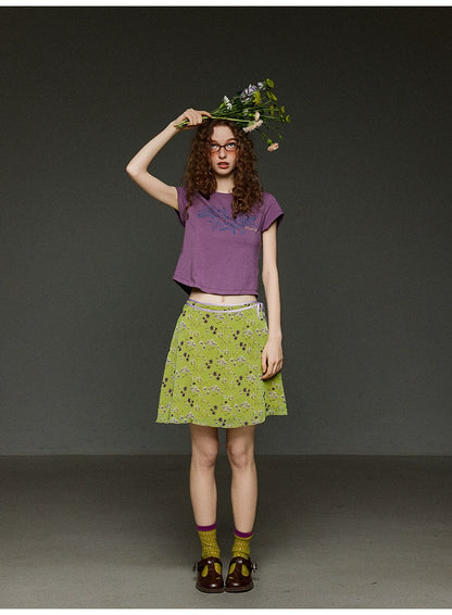 ボタニカルフラワープリントスリム半袖Tシャツ