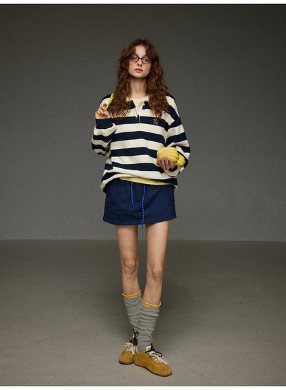 開襟刺繍ストライププルオーバー