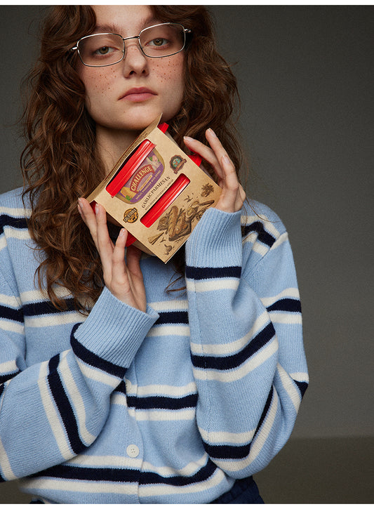 丸首ストライプニットカーディガン