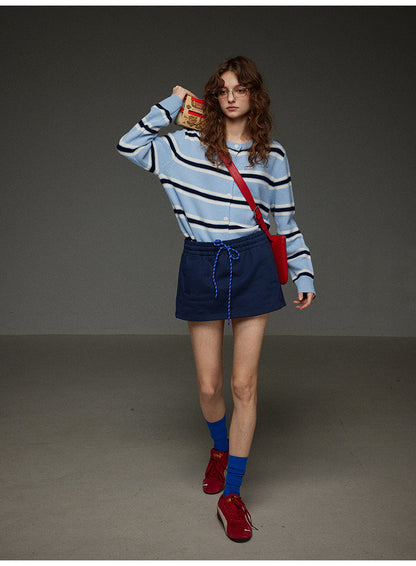 丸首ストライプニットカーディガン