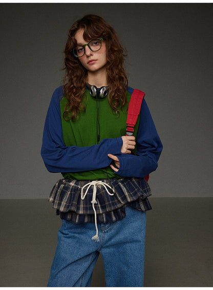 ブロックカラー ショルダースリーブ 丸首長袖Tシャツ