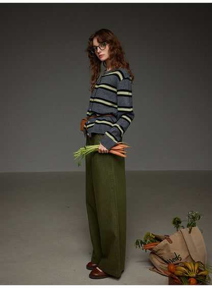 丸首ストライプニットカーディガン