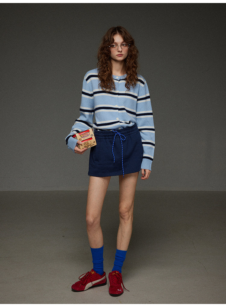 丸首ストライプニットカーディガン