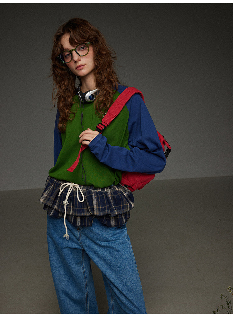 ブロックカラー ショルダースリーブ 丸首長袖Tシャツ