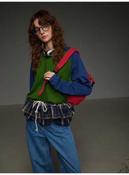 ブロックカラー ショルダースリーブ 丸首長袖Tシャツ