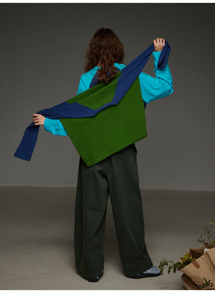 ブロックカラー ショルダースリーブ 丸首長袖Tシャツ