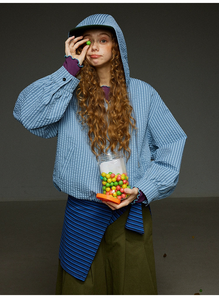 ブルーチェック セミジップアウター