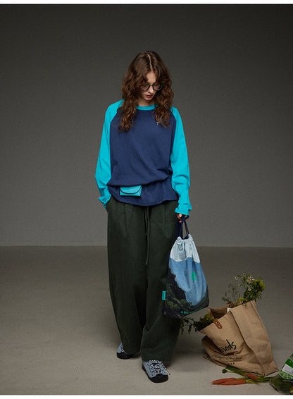 ブロックカラー ショルダースリーブ 丸首長袖Tシャツ