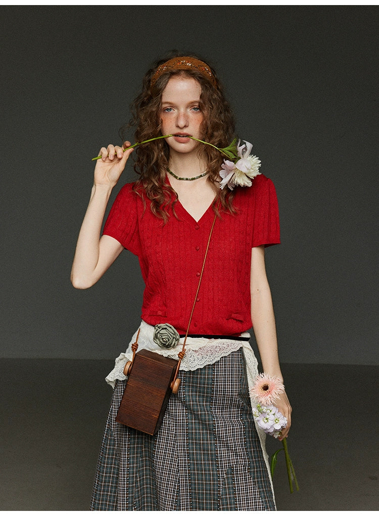 2色リボンポケットニットカーディガンVネック半袖