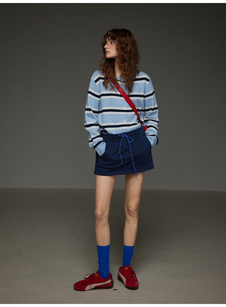 丸首ストライプニットカーディガン