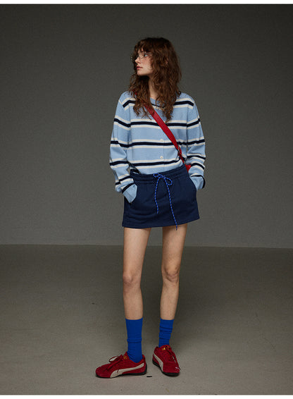 丸首ストライプニットカーディガン