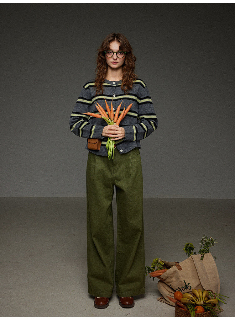 丸首ストライプニットカーディガン