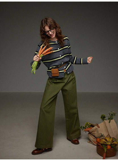 丸首ストライプニットカーディガン