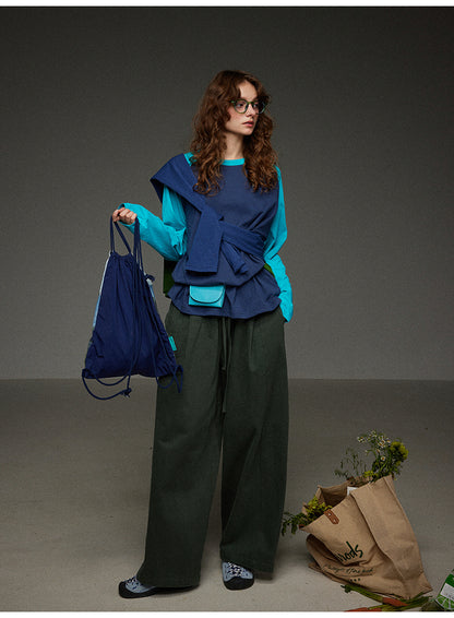 ブロックカラー ショルダースリーブ 丸首長袖Tシャツ