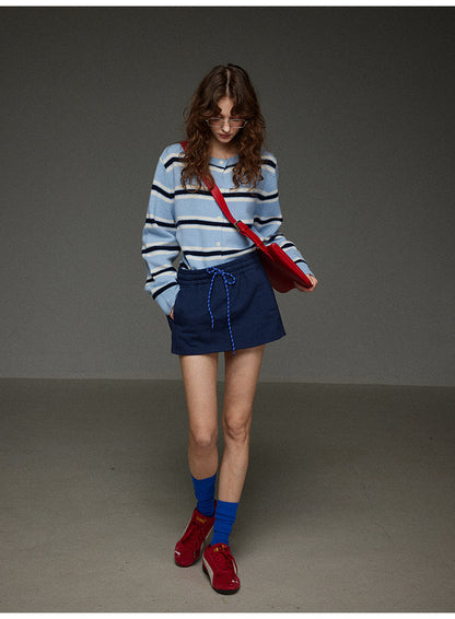 丸首ストライプニットカーディガン