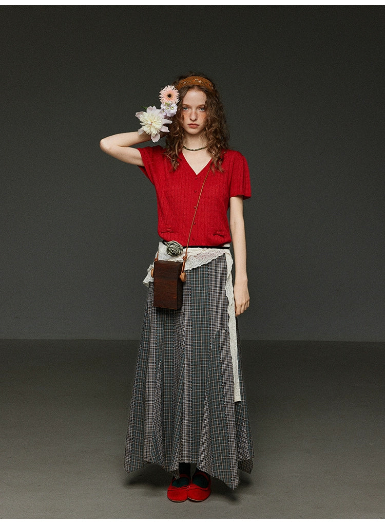 2色リボンポケットニットカーディガンVネック半袖