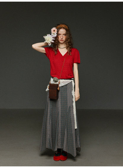 2色リボンポケットニットカーディガンVネック半袖