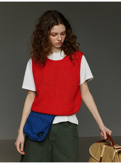 クルーネック レイヤード ノースリーブ ニットベスト