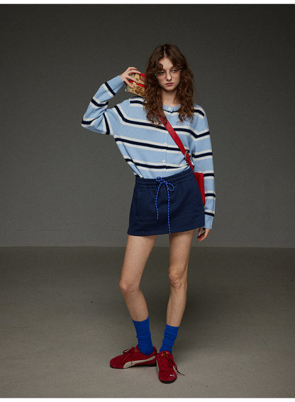 丸首ストライプニットカーディガン