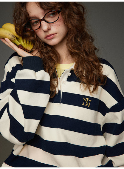 開襟刺繍ストライププルオーバー