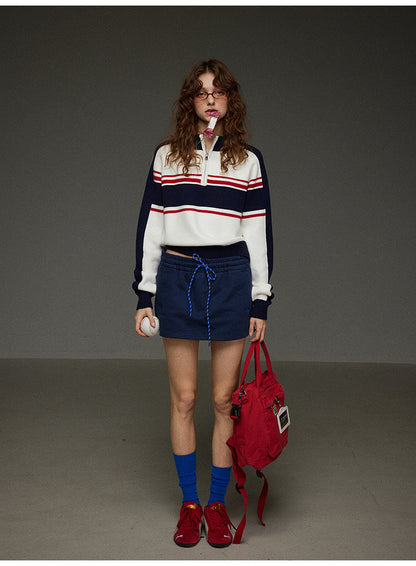 コットンロープストレッチウエストA字型ショートスカート