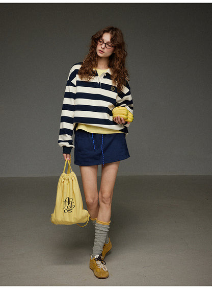 開襟刺繍ストライププルオーバー