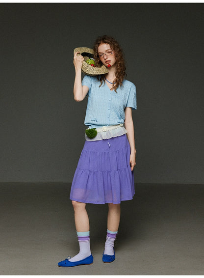 2色リボンポケットニットカーディガンVネック半袖