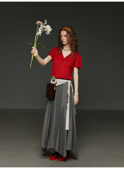 2色リボンポケットニットカーディガンVネック半袖