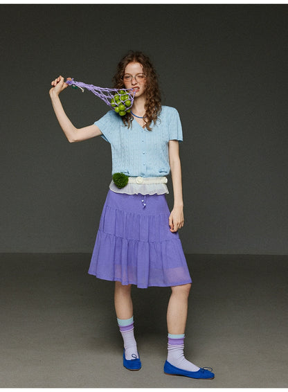 2色リボンポケットニットカーディガンVネック半袖