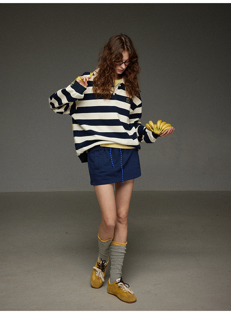 開襟刺繍ストライププルオーバー