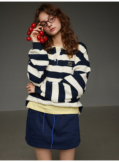 開襟刺繍ストライププルオーバー