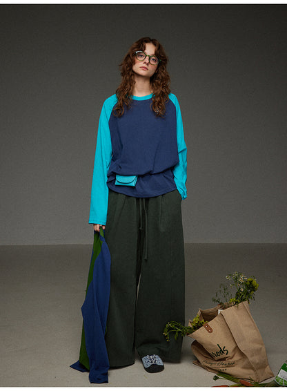 ブロックカラー ショルダースリーブ 丸首長袖Tシャツ