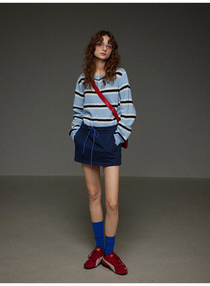 丸首ストライプニットカーディガン