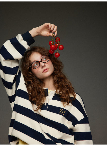 開襟刺繍ストライププルオーバー